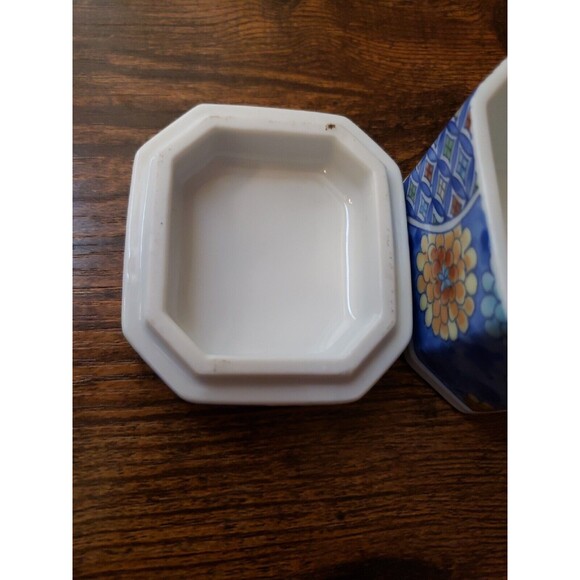 Ashibi Japan Porcelain Trinket Jewelry Box Lid Floral Blue White Vintage Small - Picture 8 of 11